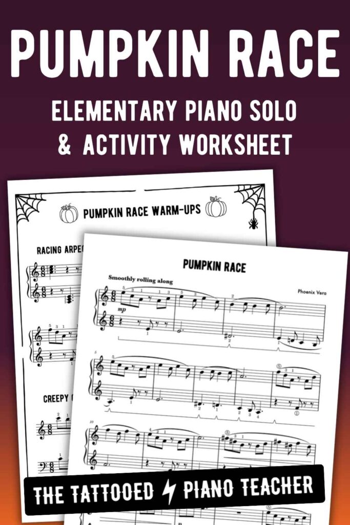 Pumpkin Race Halloween Sheet Music for Piano Students. Elementary Level 2, Level 3. Fall or Autumn Piano solo. The Tattooed Piano Teacher.