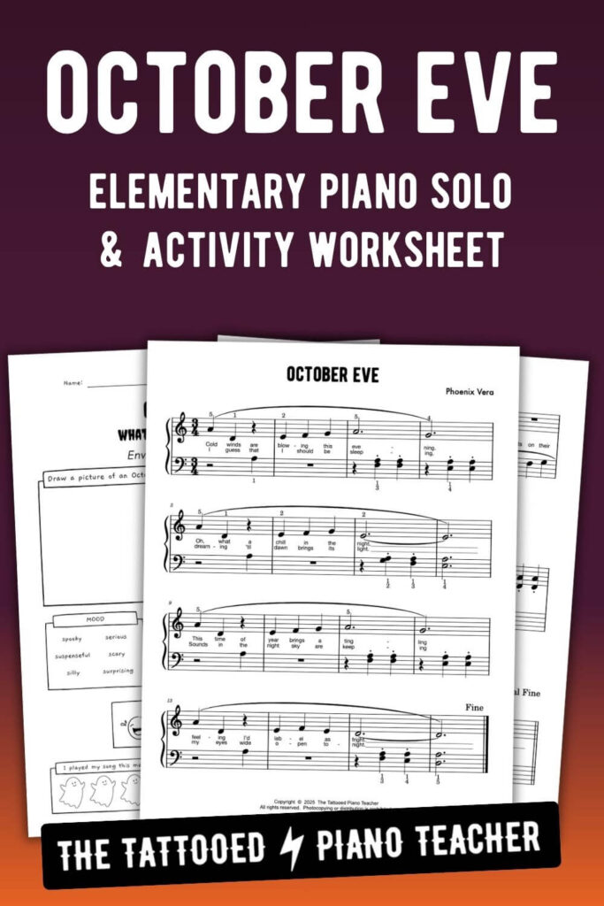 Beginner Primer Level Elementary Piano Sheet Music for October. Halloween Piano Solo. the tattooed Piano Teacher.