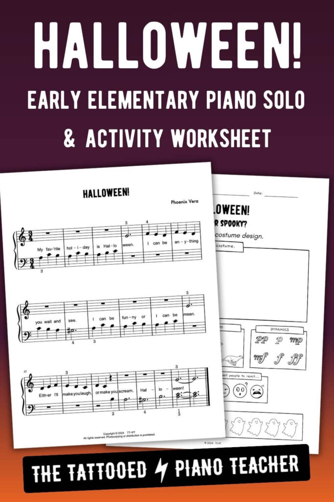 Halloween early elementary piano solo sheet music and activity worksheet. the tattooed piano teacher