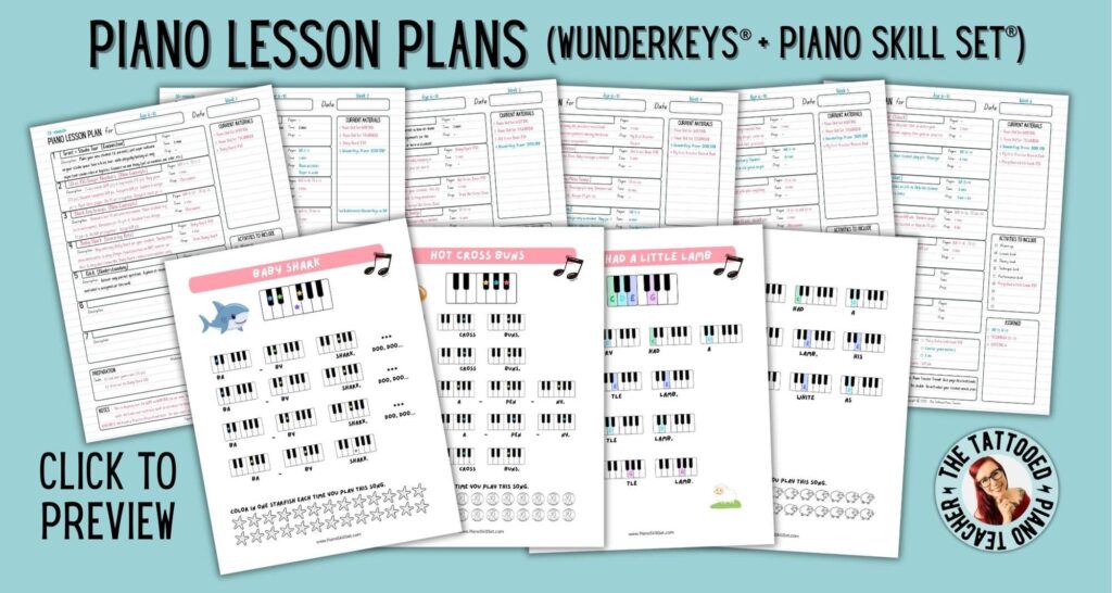 click to preview piano lessons plans for wunderkeys and piano skill set books. the tattooed piano teacher