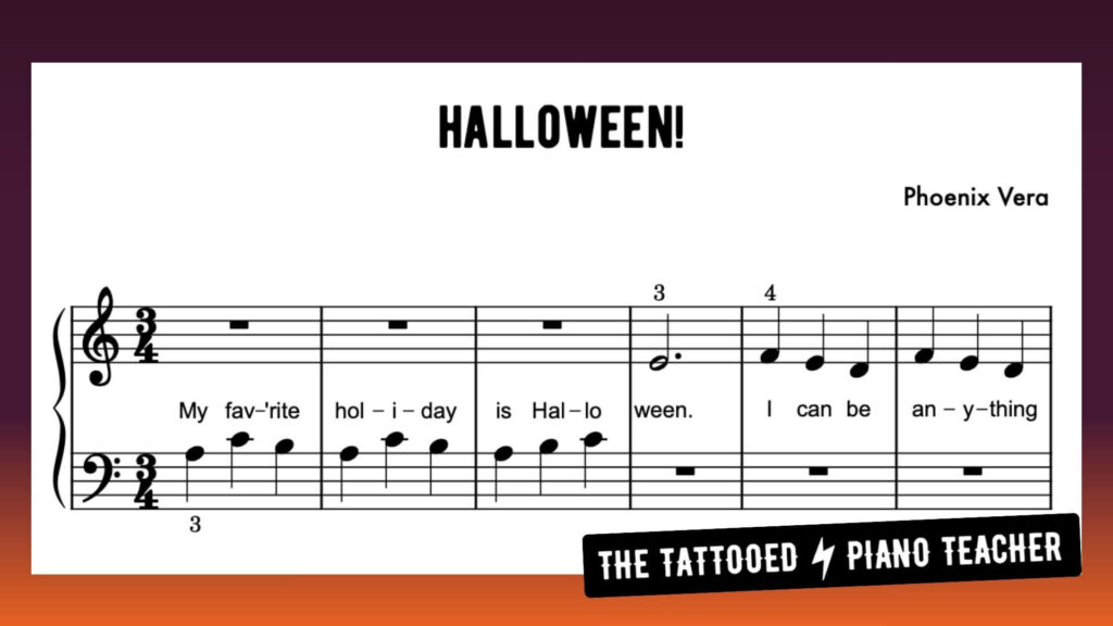 Halloween Primer Level Early Elementary Beginner Piano Sheet Music Preview. The Tattooed Piano Teacher