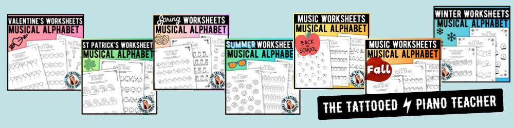 seasonal worksheet packs. musical alphabet worksheets. the tattooed piano teacher