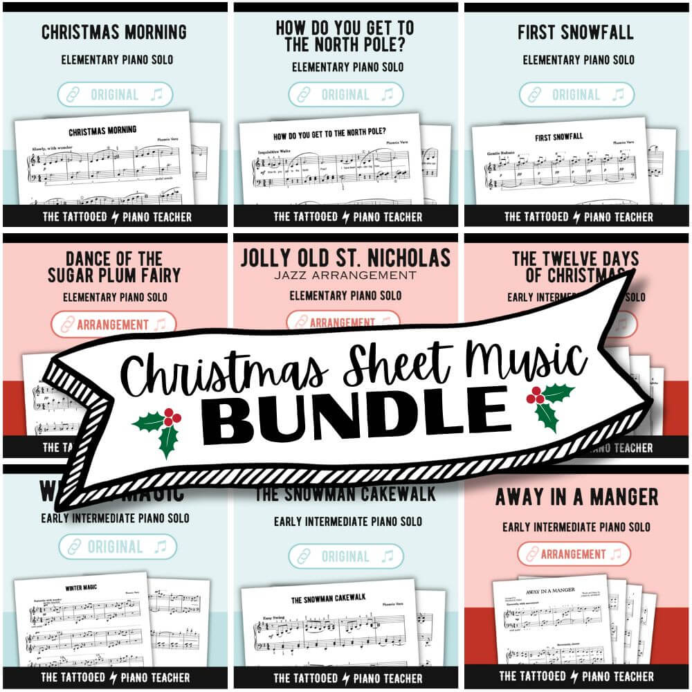 christmas sheet music bundle for piano teachers. elementary to intermediate. the tattooed piano teacher
