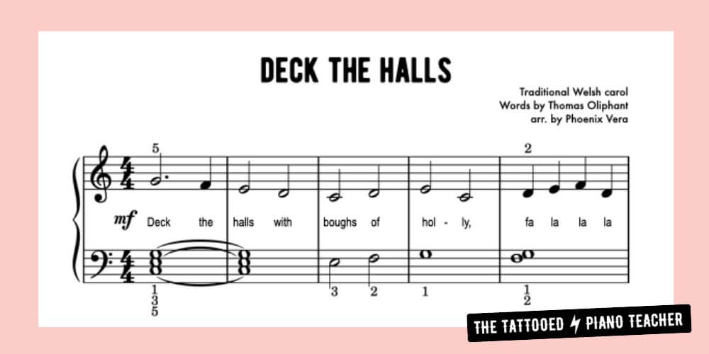 deck the halls late primer level piano solo. christmas sheet music for beginners. the tattooed piano teacher