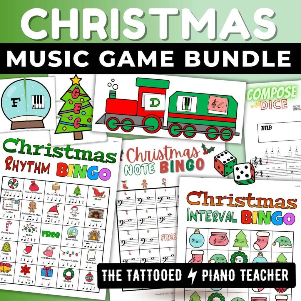 christmas music game bundle for piano teachers. the tattooed piano teacher