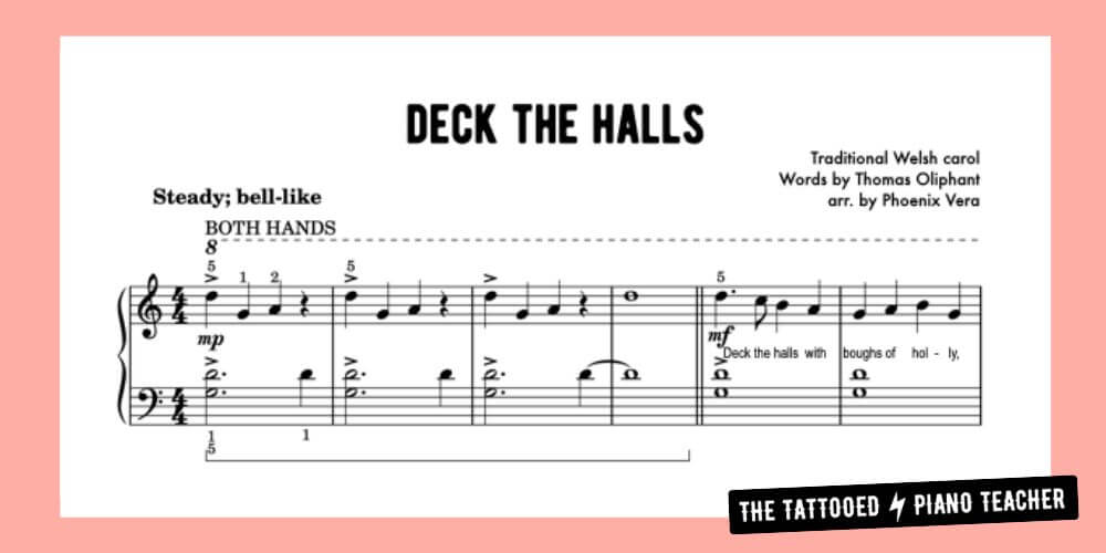 deck the halls level 1 piano solo sheet music preview. the tattooed piano teacher.