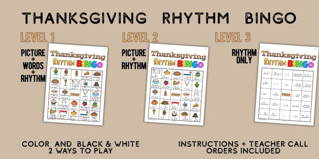 thanksgiving rhythm bingo 3 levels. 2 ways to play music bingo. the tattooed piano teacher