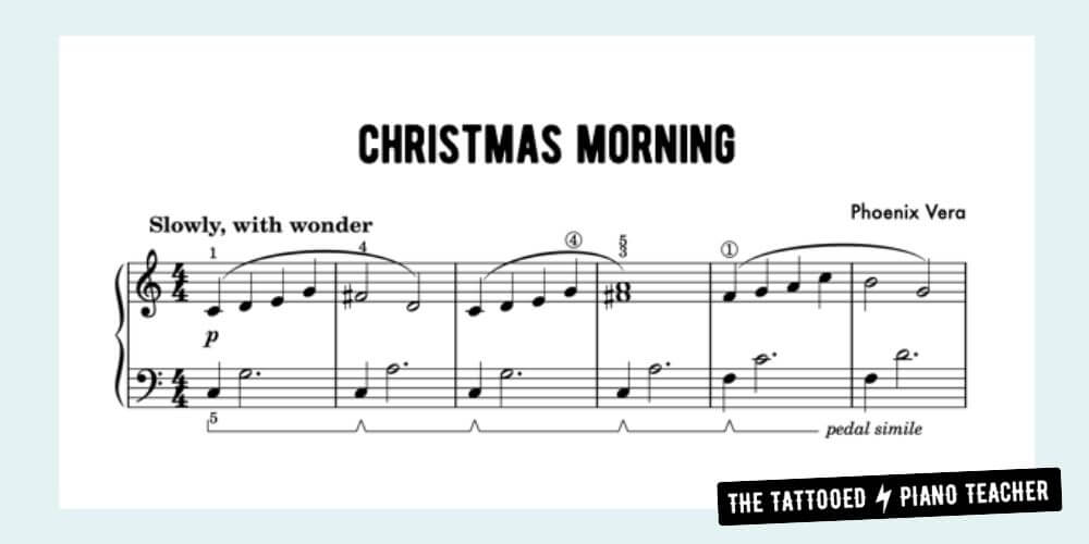 christmas morning level 1 sheet music preview for beginners. the tattooed piano teacher