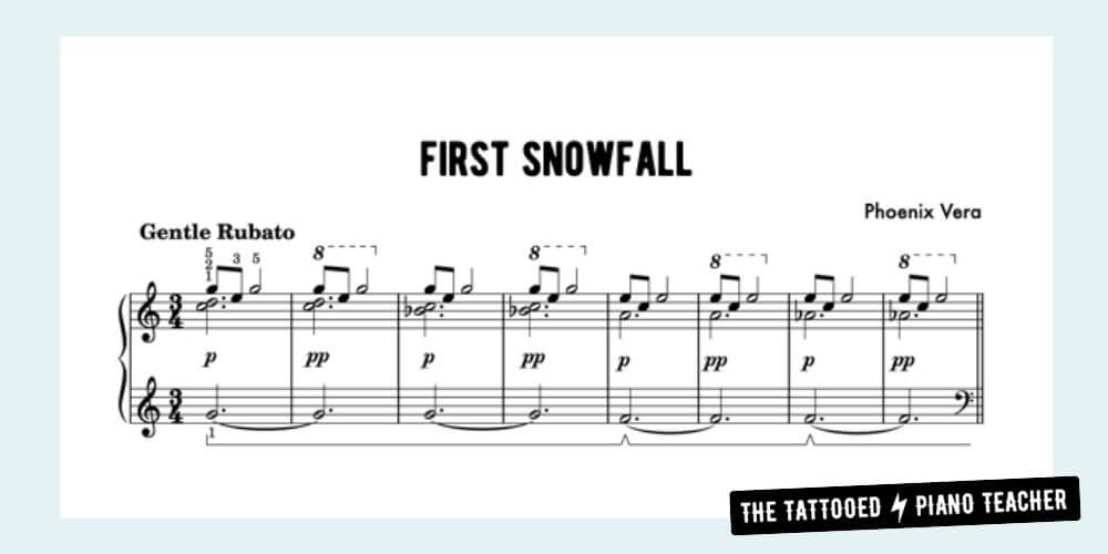 first snowfall easy piano solo sheet music. new age song. the tattooed piano teacher.