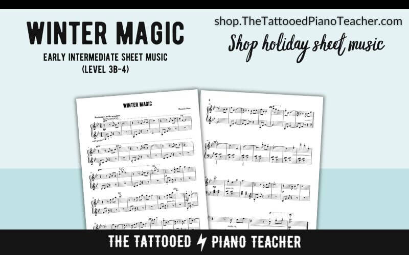 winter magic early intermediate piano sheet music. new age piano solo. the tattooed piano teacher
