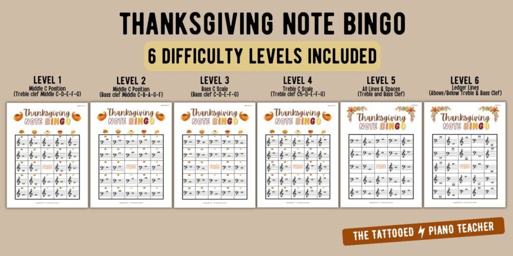 thanksgiving note bingo 6 levels for piano students. the tattooed piano teacher