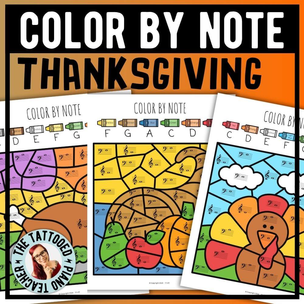 thanksgiving color by note music coloring pages for piano students. the tattooed piano teacher