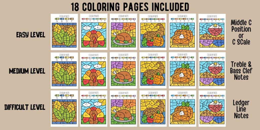 thanksgiving coloring pages. 3 levels for piano students.