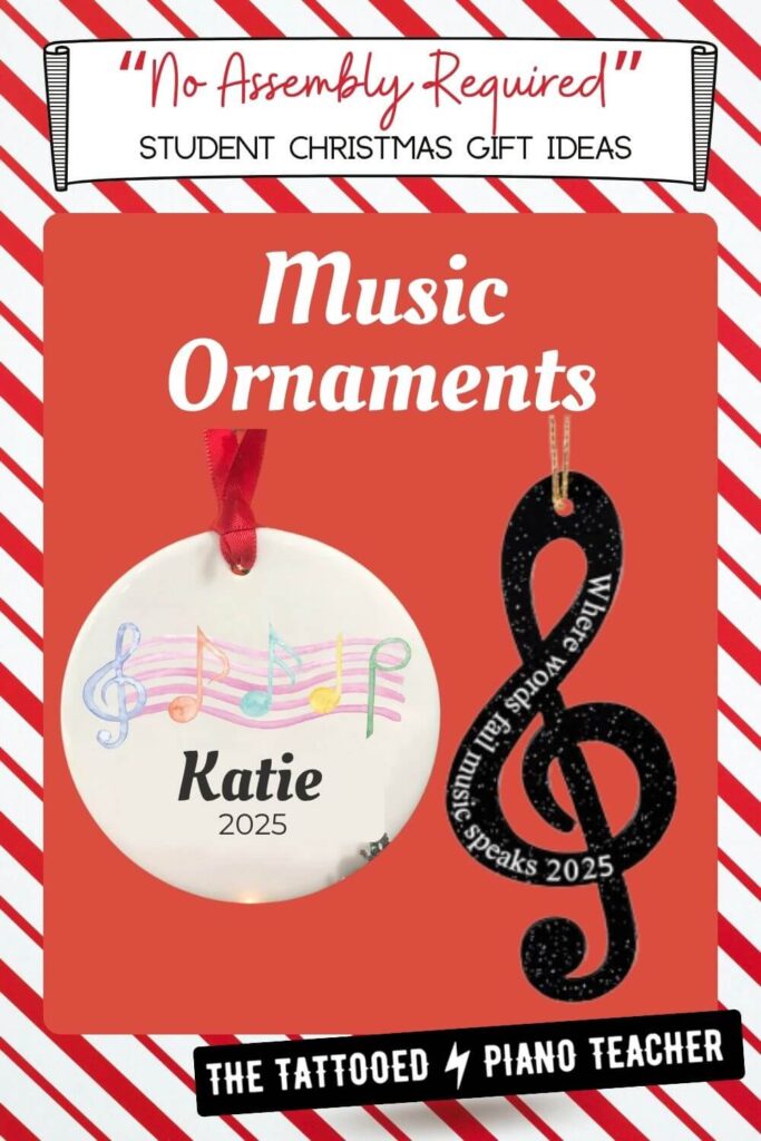music ornaments as christmas gifts for piano students. the tattooed piano teacher