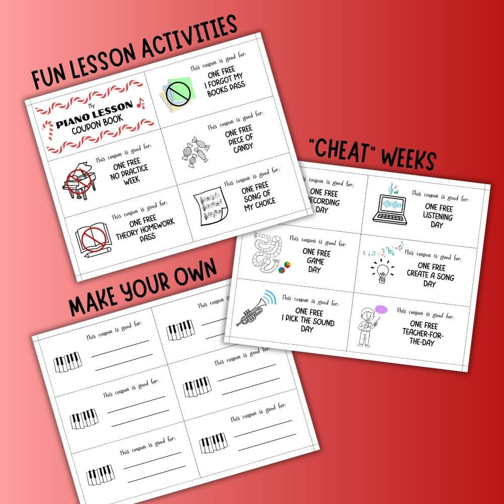 Piano Lesson Coupons for students. christmas gift for music student. the tattooed piano teacher