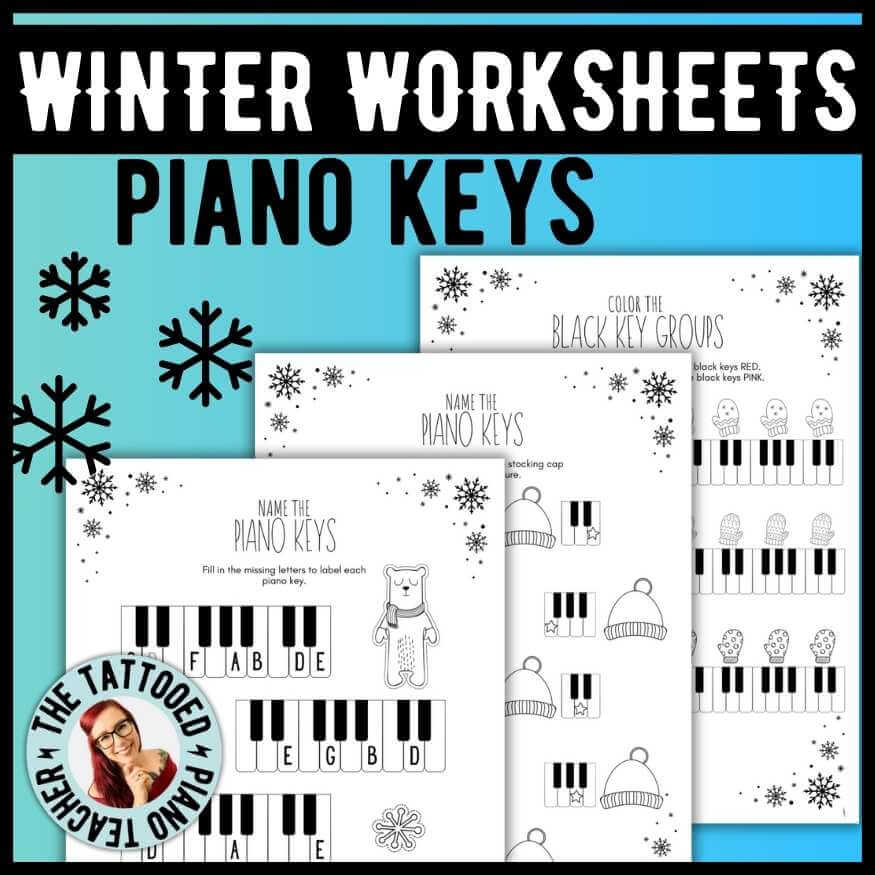 winter piano worksheets. piano keys for beginner pre-reading students. the tattooed piano teacher
