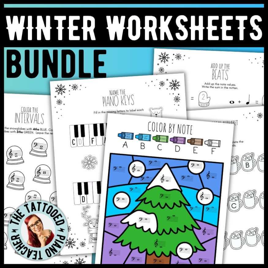 Winter-themed music theory worksheets bundle for piano students including keys, finger numbers, scales, triads, intervals, and color-by-note