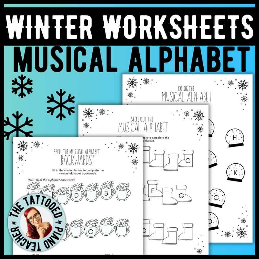 Winter-themed musical alphabet music theory worksheets for beginning piano students