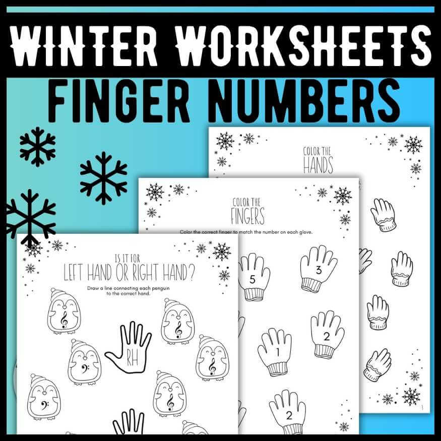 Winter-themed finger numbers music theory worksheets for pre-reading piano students