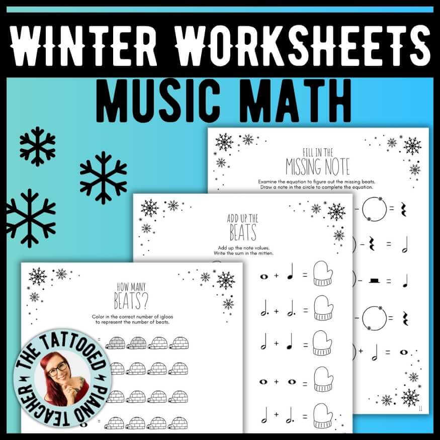 Winter rhythm and music math worksheets for beginning piano students