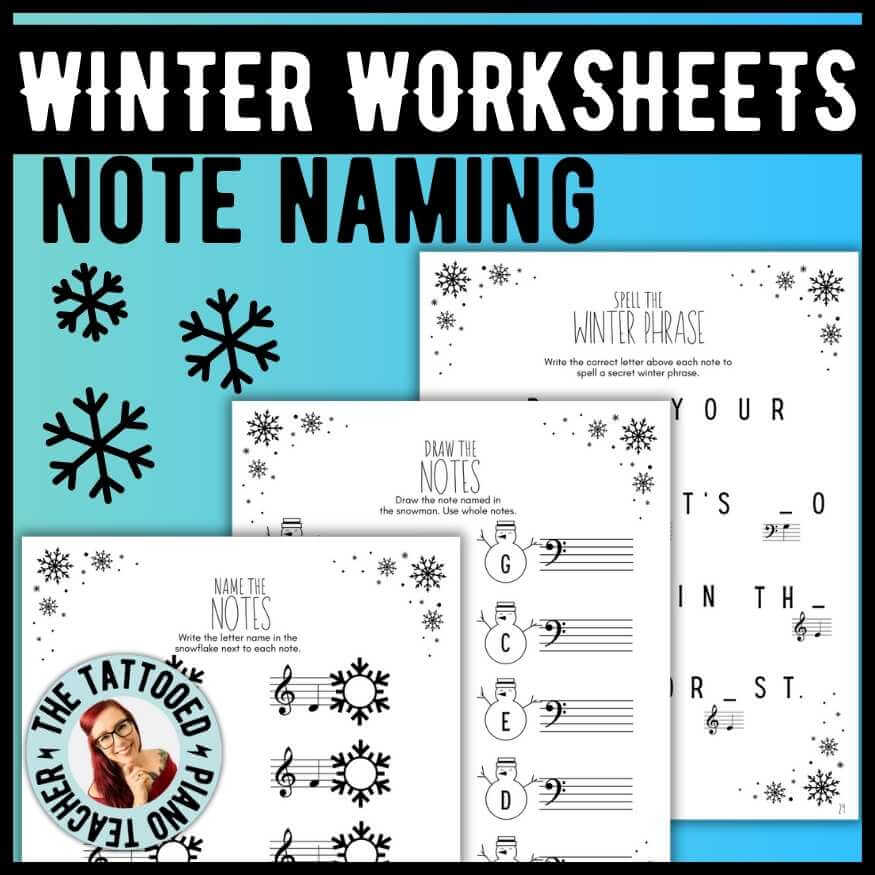 Winter-themed note naming music theory worksheets for piano students