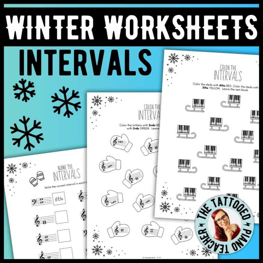 Winter-themed piano intervals music theory worksheets for beginning to intermediate students