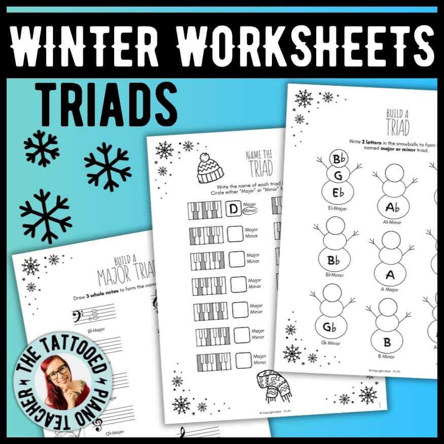 Winter-themed piano triads music theory worksheets for beginning and intermediate students