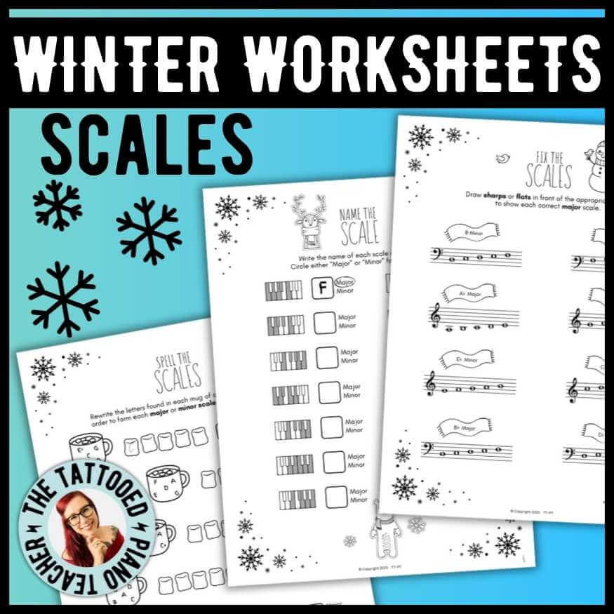 Winter pentascales worksheets for elementary and intermediate piano students