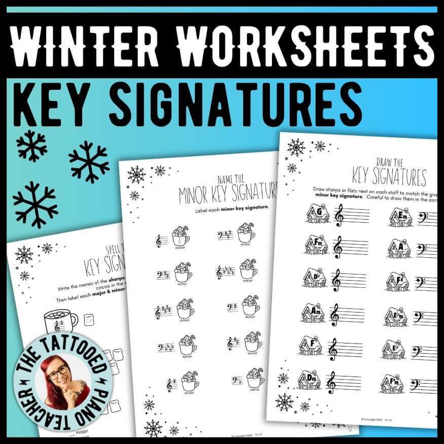 Winter key signatures worksheets for elementary and intermediate piano students