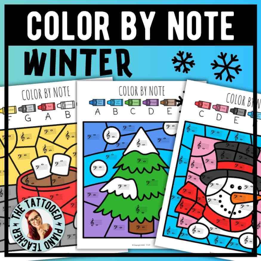 Winter-themed color-by-code music note worksheets for treble and bass clef