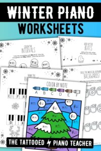 Bundle Pack of 198 No-Prep Print-and-Go Winter Music Theory Worksheets for beginning piano students. Printable worksheets review black keys and white keys on the piano, the musical alphabet, finger numbers, left hand / right hand, and note values, rest values, music math equations, note naming, drawing notes on the staff, intervals, major & minor triads, as well as 5-finger scales, major & minor key signatures, and color by code coloring sheets. The Tattooed Piano Teacher
