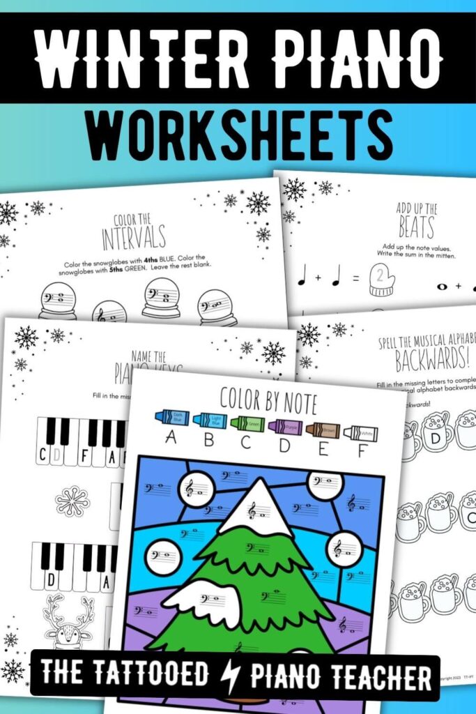 Bundle Pack of 198 No-Prep Print-and-Go Winter Music Theory Worksheets for beginning piano students. Printable worksheets review black keys and white keys on the piano, the musical alphabet, finger numbers, left hand / right hand, and note values, rest values, music math equations, note naming, drawing notes on the staff, intervals, major & minor triads, as well as 5-finger scales, major & minor key signatures, and color by code coloring sheets. The Tattooed Piano Teacher