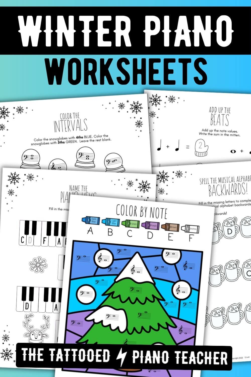 Bundle Pack of 198 No-Prep Print-and-Go Winter Music Theory Worksheets for beginning piano students. Printable worksheets review black keys and white keys on the piano, the musical alphabet, finger numbers, left hand / right hand, and note values, rest values, music math equations, note naming, drawing notes on the staff, intervals, major & minor triads, as well as 5-finger scales, major & minor key signatures, and color by code coloring sheets. The Tattooed Piano Teacher