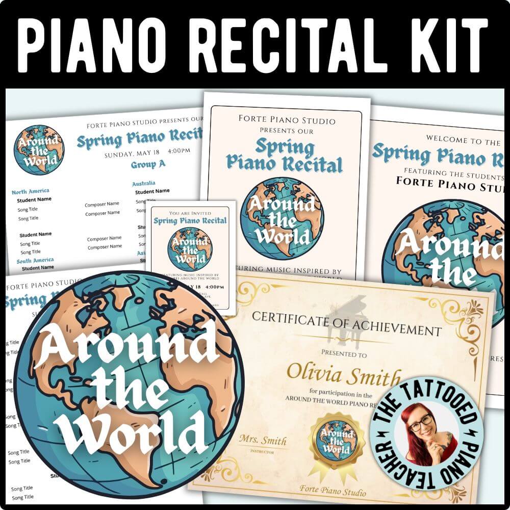THemed piano recital tool kit for piano teachers. theme around the world. editable recital program templates. the tattooed piano teacher
