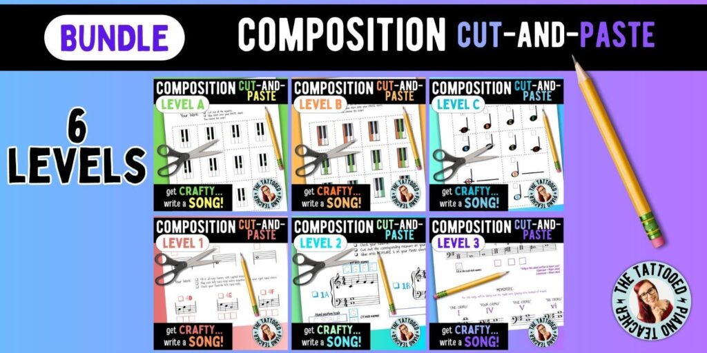 composition cut and paste bundle. all levels. beginner to intermediate piano students. the tattooed piano teacher