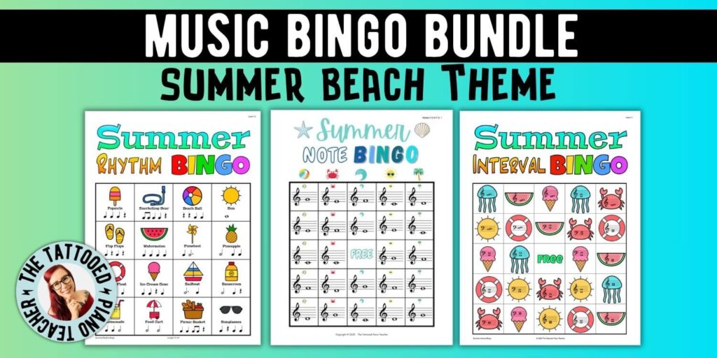 summer music bingo bundle. summer beach theme. rhythm bingo. music note bingo. music interval bingo. the tattooed piano teacher