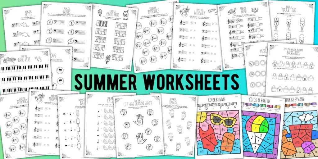 summer music worksheets for piano students. music coloring pages. music activities for piano lessons. the tattooed piano teacher.