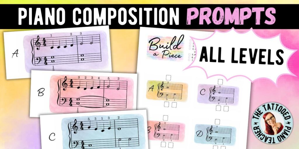 piano composition prompts for piano students. all levels. music composition. composing for piano lessons. music activities. the tattooed piano teacher