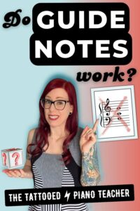 Piano teacher questioning whether guide notes actually help students learn to read music, with examples of landmark notes and beginner piano note-reading methods.
