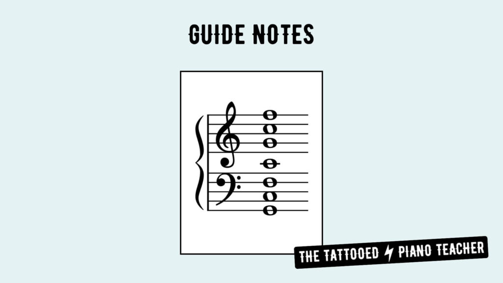 guide notes on the staff. beginner piano method books. the tattooed piano teacher