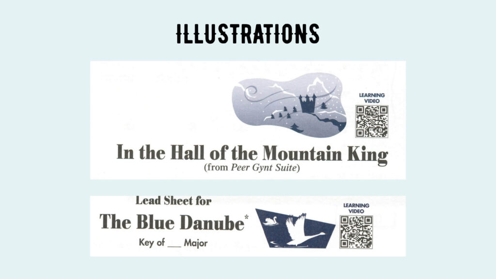 new piano adventures grand level 4. illustrations in black and dark blue. the tattooed piano teacher