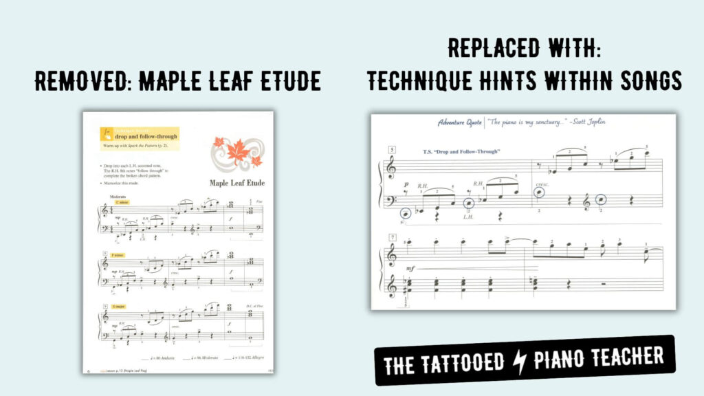 maple leaf etude replaced in Grand Level 4 with technique hints within the piece. the tattooed piano teacher