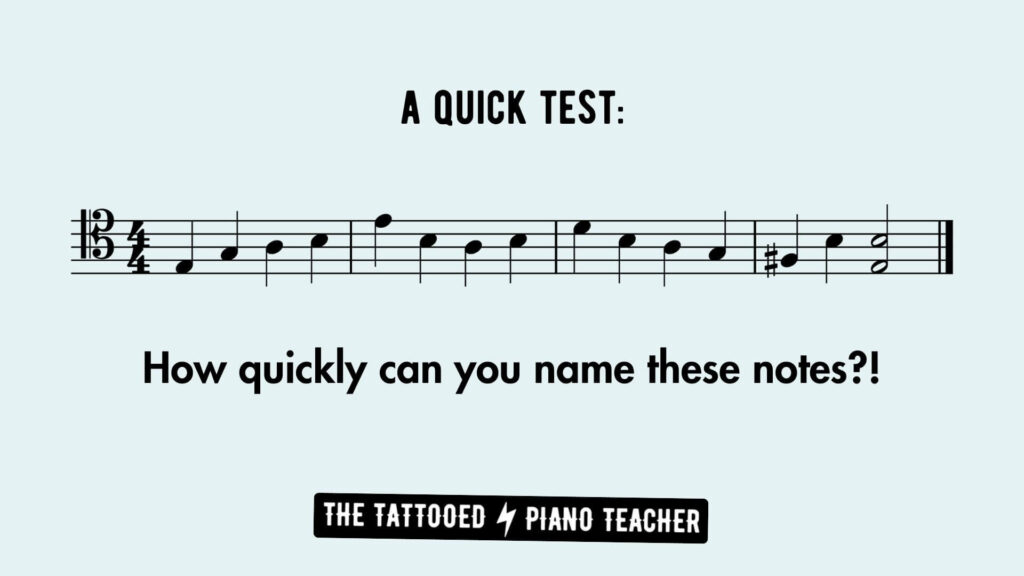 a quick test. tenor clef four-measure excerpt. how quickly can you name these notes? the tattooed piano teacher
