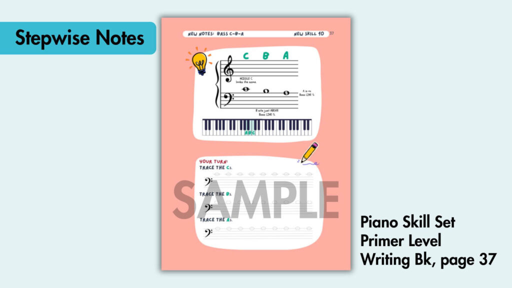 piano skill set primer level writing book. students learn step wise notes on the staff. the tattooed piano teacher