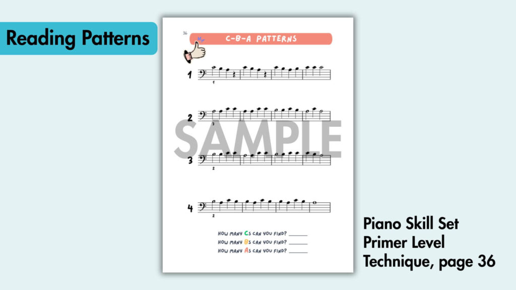 piano skill set primer level technique book. reading notes on the staff by pattern. the tattooed piano teacher