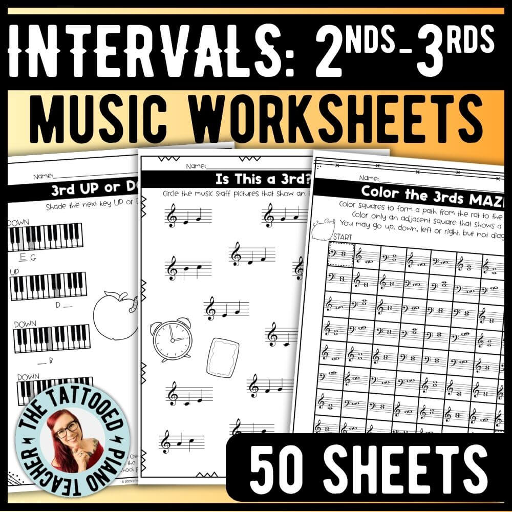 2nd 3rd intervals music worksheets. 50 sheets. the tattooed piano teacher