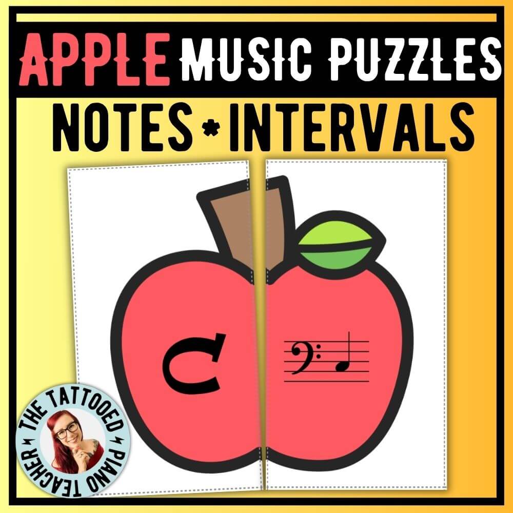 music theory puzzles. back to school apples cut out flashcards. music notes and piano intervals. the tattooed piano teacher