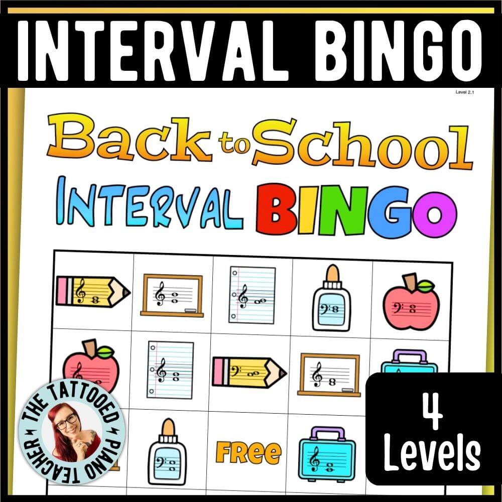 back to school music interval bingo game for piano students. 4 levels. the tattooed piano teacher
