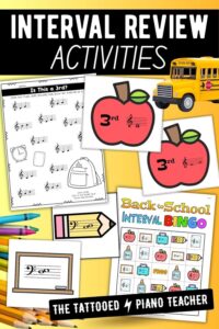 Piano interval review activities including interval worksheets, interval bingo, and music theory puzzles for piano students.