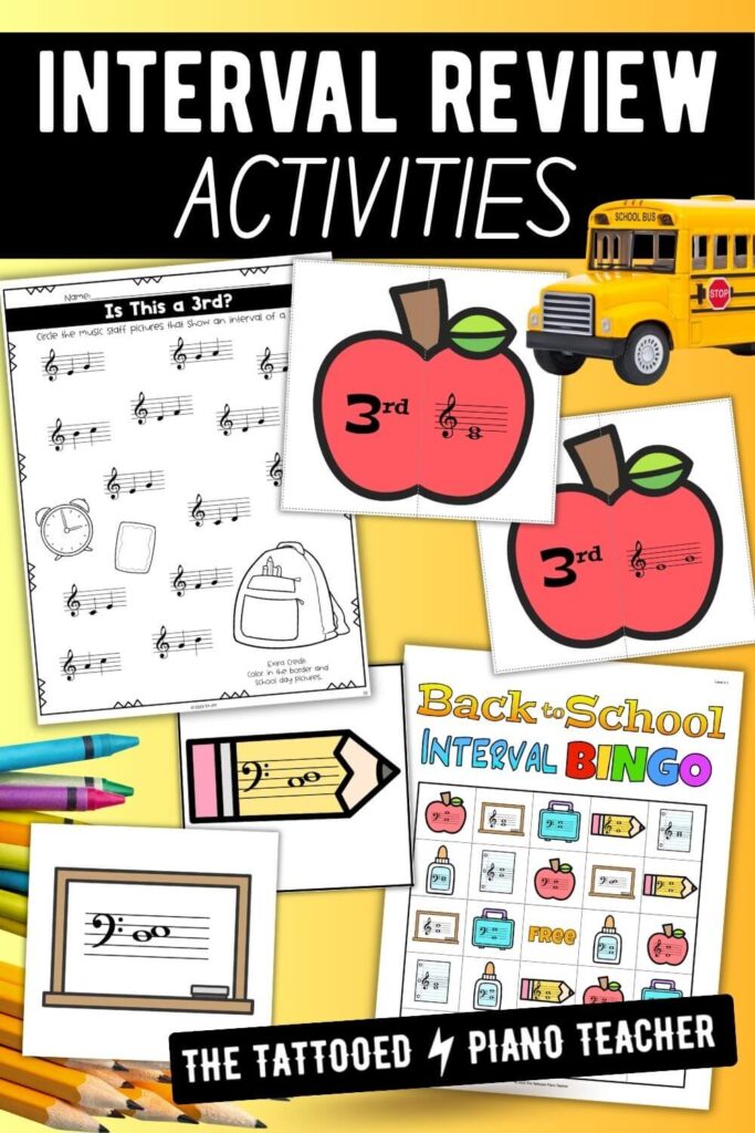 Piano interval review activities including interval worksheets, interval bingo, and music theory puzzles for piano students.